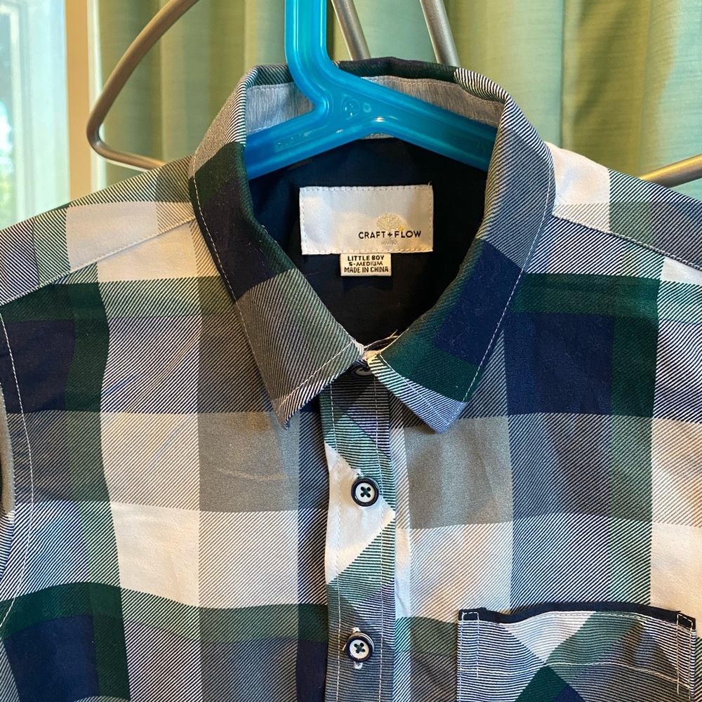 Boys Craft + Flow green/blue/white plaid blouse